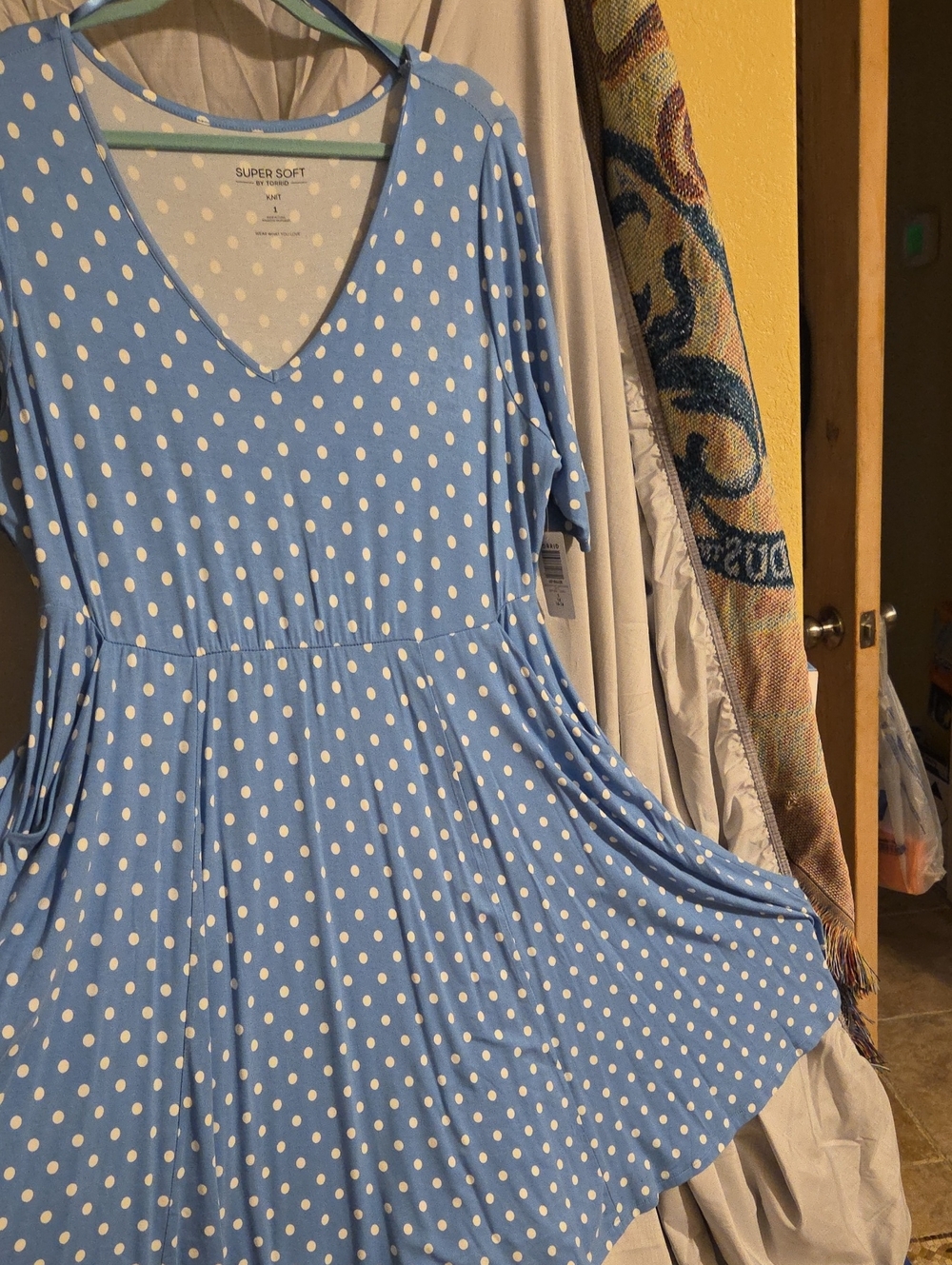 Torrid Lt Blue & White Polka Dot V-Neck A-line Dress w/ Short Sleeves & Pockets